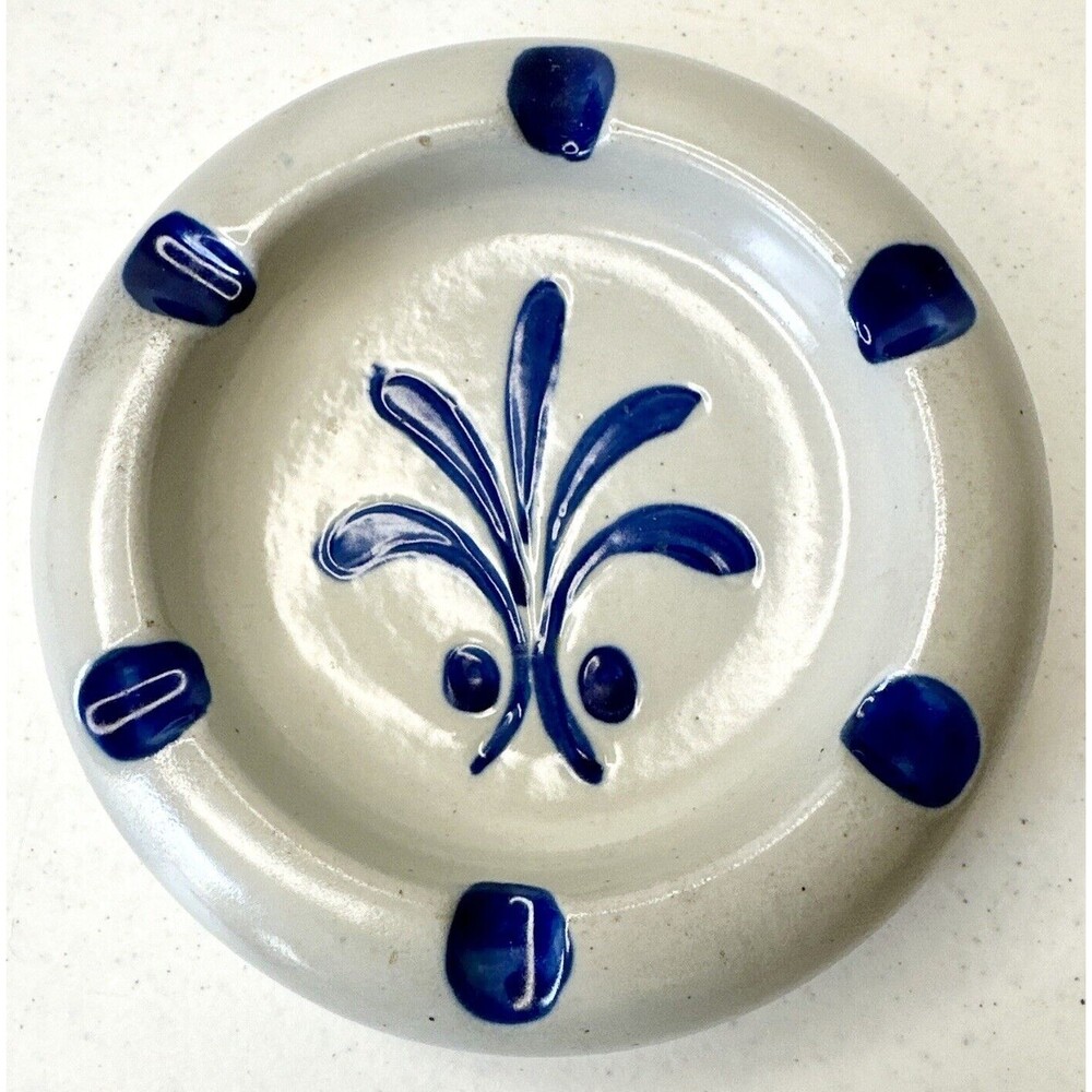 Blue and gray ceramic ashtray 6” Round Cottage Core Wheat Design